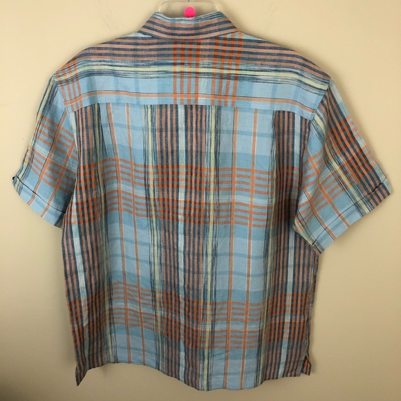 Cubavera Shirt Mens L 100% Linen Blue Orange Plaid Short Sleeve - Picture 8 of 11